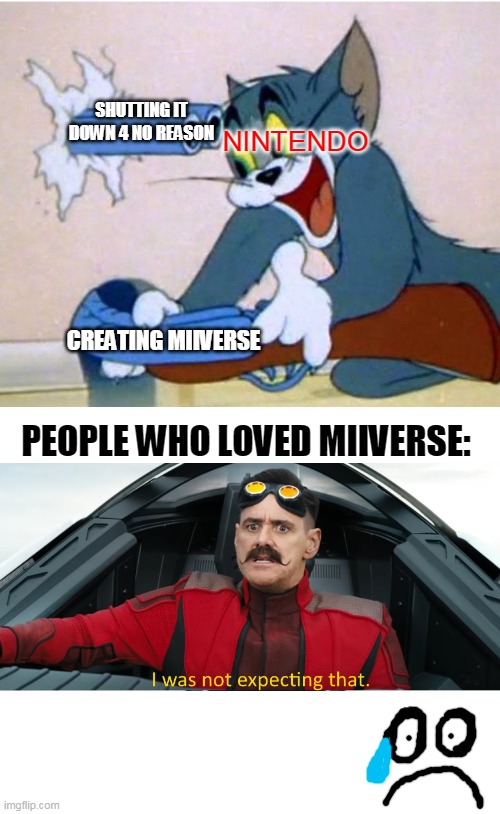 The success and death of Miiverse | NINTENDO; SHUTTING IT DOWN 4 NO REASON; CREATING MIIVERSE; PEOPLE WHO LOVED MIIVERSE: | image tagged in tom and jerry,eggman,nintendo,wii u | made w/ Imgflip meme maker