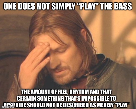Boromir on Bass | ONE DOES NOT SIMPLY “PLAY” THE BASS; THE AMOUNT OF FEEL, RHYTHM AND THAT CERTAIN SOMETHING THAT’S IMPOSSIBLE TO DESCRIBE SHOULD NOT BE DESCRIBED AS MERELY “PLAY” | image tagged in memes,frustrated boromir,fun,bass | made w/ Imgflip meme maker