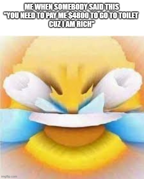 4.8k dollars?! | ME WHEN SOMEBODY SAID THIS
"YOU NEED TO PAY ME $4800 TO GO TO TOILET 
CUZ I AM RICH" | image tagged in laughing crying emoji with open eyes,rich | made w/ Imgflip meme maker