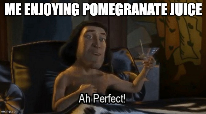 I have drank straight pomegranate juice in the past | ME ENJOYING POMEGRANATE JUICE | image tagged in lord farquad perfect,memes,pomegranate | made w/ Imgflip meme maker