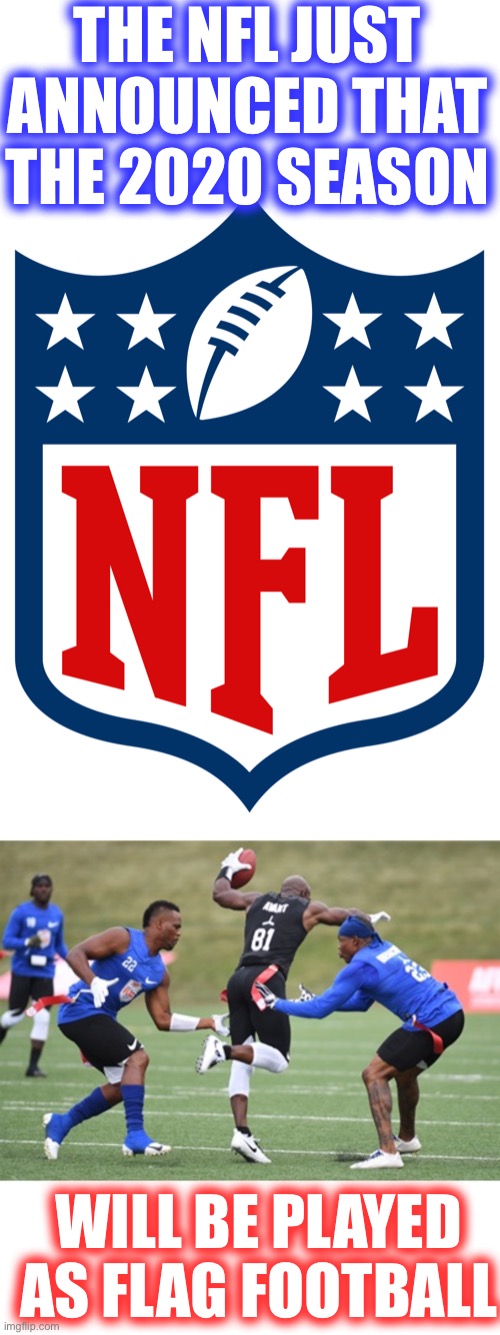 NFFL | THE NFL JUST ANNOUNCED THAT THE 2020 SEASON; WILL BE PLAYED AS FLAG FOOTBALL | image tagged in flag football,nfl logo | made w/ Imgflip meme maker
