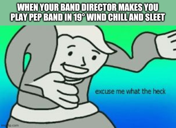 I have a METAL MOUTHPIECE. Not to mention the horrors it could do to my baby | WHEN YOUR BAND DIRECTOR MAKES YOU PLAY PEP BAND IN 19° WIND CHILL AND SLEET | image tagged in excuse me what the heck | made w/ Imgflip meme maker