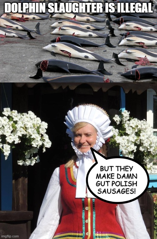 Der Ist Gut Meat | DOLPHIN SLAUGHTER IS ILLEGAL; BUT THEY MAKE DAMN GUT POLISH SAUSAGES! | image tagged in dolphins,sausage | made w/ Imgflip meme maker
