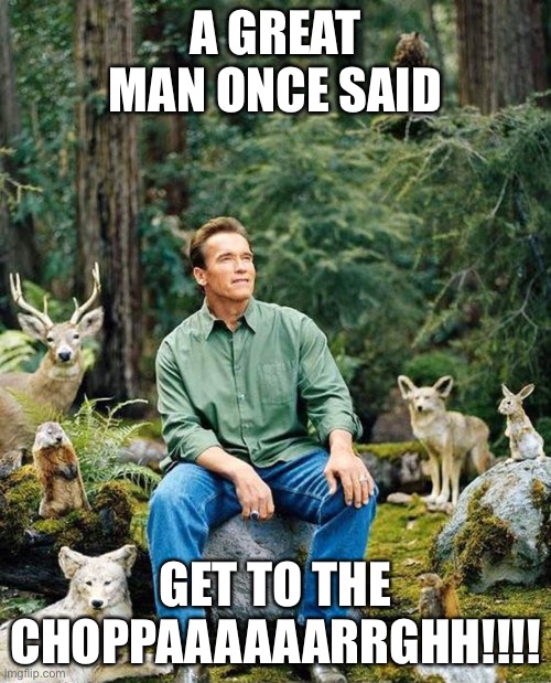 Arnold nature | A GREAT MAN ONCE SAID; GET TO THE CHOPPAAAAAARRGHH!!!! | image tagged in arnold nature | made w/ Imgflip meme maker