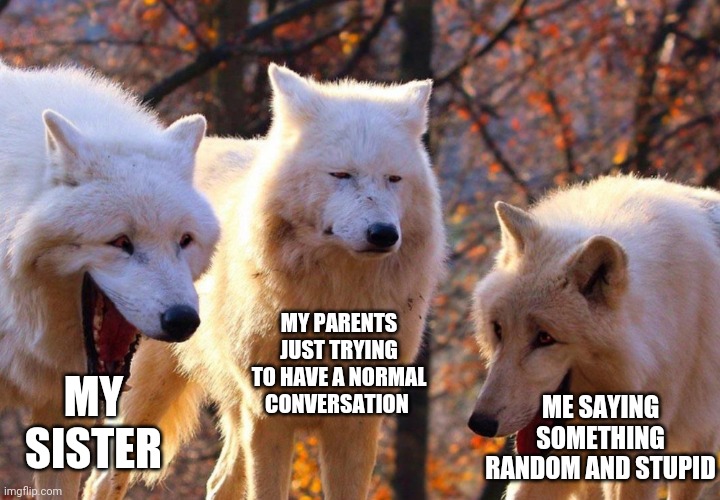 Yeah... I can be very immature at times! | MY PARENTS JUST TRYING TO HAVE A NORMAL CONVERSATION; MY SISTER; ME SAYING SOMETHING RANDOM AND STUPID | image tagged in laughing wolves | made w/ Imgflip meme maker