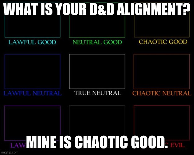 Alignment Chart | WHAT IS YOUR D&D ALIGNMENT? MINE IS CHAOTIC GOOD. | image tagged in alignment chart | made w/ Imgflip meme maker