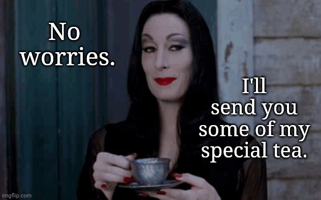 No Worries | I'll send you some of my special tea. No 
worries. | image tagged in no worries,morticia,special tea | made w/ Imgflip meme maker