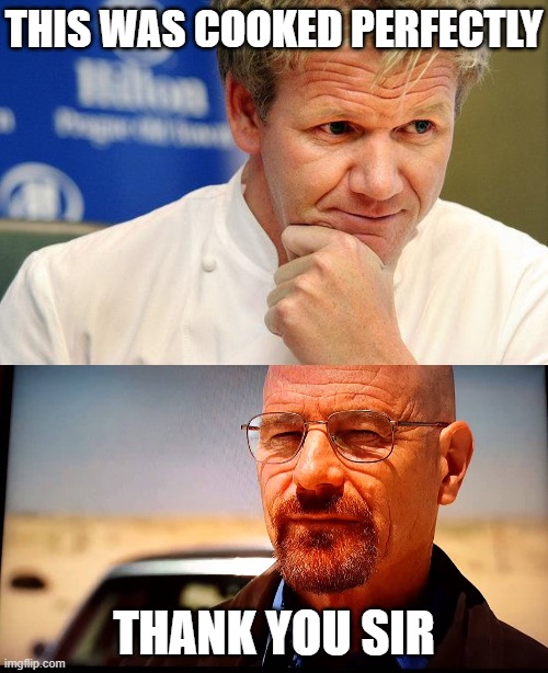 How to make Gordon Ramsey happy | THIS WAS COOKED PERFECTLY; THANK YOU SIR | image tagged in good guy gordon ramsay,say my name,breaking bad,drugs,plot twist,perfection | made w/ Imgflip meme maker