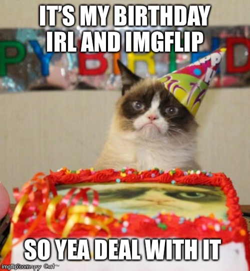 Grumpy Cat Birthday | IT’S MY BIRTHDAY IRL AND IMGFLIP; SO YEA DEAL WITH IT | image tagged in memes,grumpy cat birthday,grumpy cat | made w/ Imgflip meme maker
