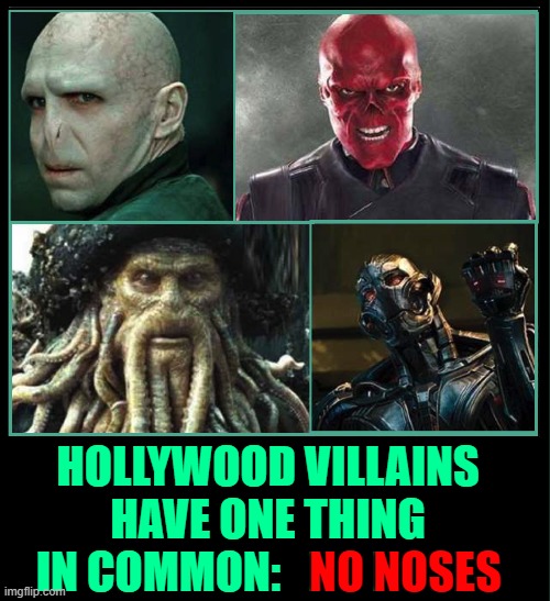 Some Villains are so evil they'll bite off their own nose just to spite their face | HOLLYWOOD VILLAINS HAVE ONE THING IN COMMON:   NO NOSES; NO NOSES | image tagged in vince vance,hollywood,villains,pirates of the caribbean,noses,memes | made w/ Imgflip meme maker