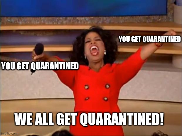 Oprah You Get A | YOU GET QUARANTINED; YOU GET QUARANTINED; WE ALL GET QUARANTINED! | image tagged in memes,oprah you get a | made w/ Imgflip meme maker
