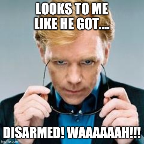 Disarmed | LOOKS TO ME LIKE HE GOT.... DISARMED! WAAAAAAH!!! | image tagged in david caruso sunglasses pic | made w/ Imgflip meme maker