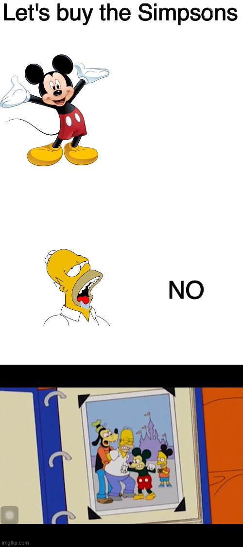 Disney "buys" The Simpsons | Let's buy the Simpsons; NO | image tagged in blank white template,mickey mouse,goofy,homer simpson,beer,memes | made w/ Imgflip meme maker