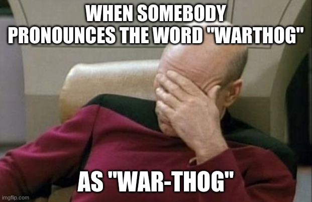Pumbaa is shooketh right now. | WHEN SOMEBODY PRONOUNCES THE WORD "WARTHOG"; AS "WAR-THOG" | image tagged in memes,captain picard facepalm,warthog,words,pronunciation,can you relate | made w/ Imgflip meme maker