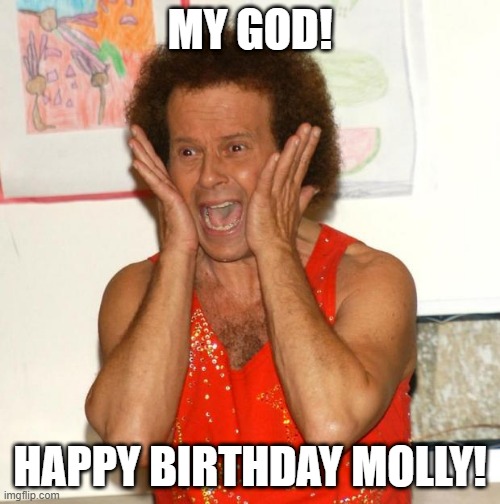 Richard Simmons | MY GOD! HAPPY BIRTHDAY MOLLY! | image tagged in richard simmons,happy birthday,birthday,celebration | made w/ Imgflip meme maker
