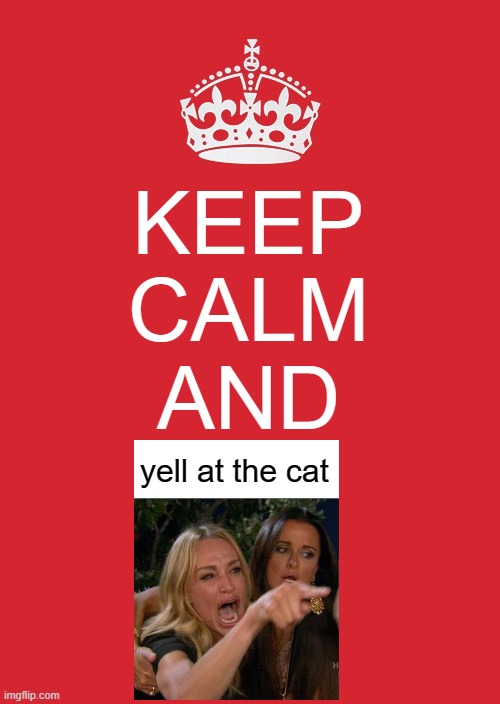 Keep Calm And yell at the cat | KEEP
CALM
AND; yell at the cat | image tagged in memes,keep calm and carry on red,crossover,woman yelling at cat | made w/ Imgflip meme maker