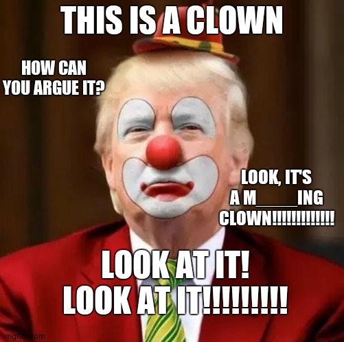 Donald Trump Clown | THIS IS A CLOWN; HOW CAN YOU ARGUE IT? LOOK, IT'S A M____ING CLOWN!!!!!!!!!!!!! LOOK AT IT! LOOK AT IT!!!!!!!!! | image tagged in donald trump clown,donaldtrumpsucks,clown,highest paid clown ever,his juggling is good tho,funny to hide his sadness | made w/ Imgflip meme maker