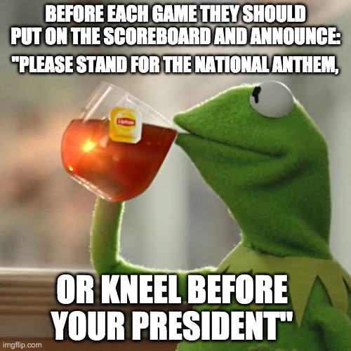 But That's None Of My Business Meme | BEFORE EACH GAME THEY SHOULD PUT ON THE SCOREBOARD AND ANNOUNCE:; "PLEASE STAND FOR THE NATIONAL ANTHEM, OR KNEEL BEFORE YOUR PRESIDENT" | image tagged in memes,but that's none of my business,kermit the frog | made w/ Imgflip meme maker