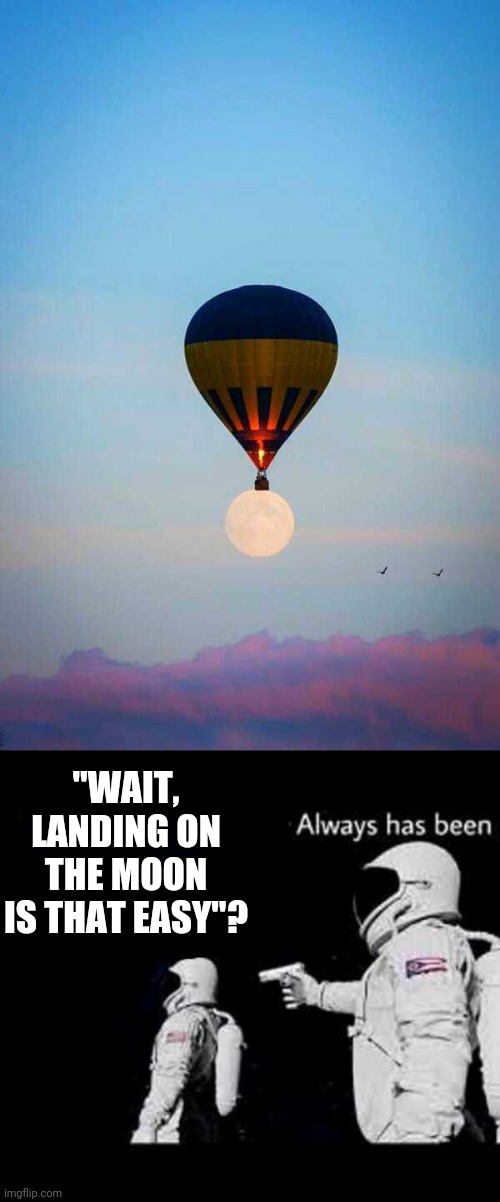 IF ONLY IT WAS THAT EASY | "WAIT, LANDING ON THE MOON IS THAT EASY"? | image tagged in it always has been,memes,moon,hot air balloon,moon landing | made w/ Imgflip meme maker