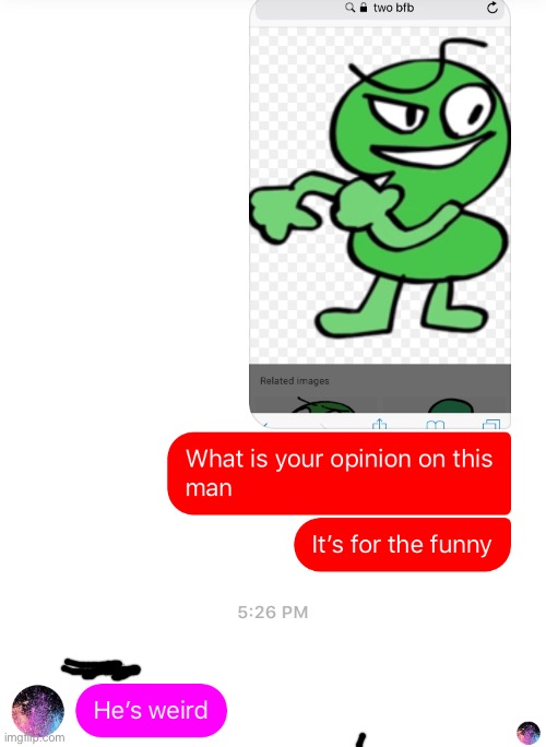 I asked a friend who knows nothing about bfb their opinion on two | image tagged in bfb,bfdi,tpot,texting,texts | made w/ Imgflip meme maker