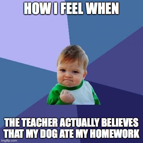 Success Kid | HOW I FEEL WHEN; THE TEACHER ACTUALLY BELIEVES THAT MY DOG ATE MY HOMEWORK | image tagged in memes,success kid | made w/ Imgflip meme maker