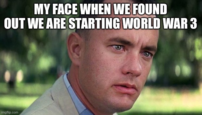Forest Gump | MY FACE WHEN WE FOUND OUT WE ARE STARTING WORLD WAR 3 | image tagged in forest gump | made w/ Imgflip meme maker