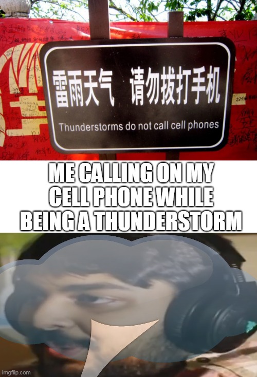 I am certified thunderstorm | ME CALLING ON MY CELL PHONE WHILE BEING A THUNDERSTORM | image tagged in muta's stare,thunderstorm,mistranslation,chinese,funny,memes | made w/ Imgflip meme maker