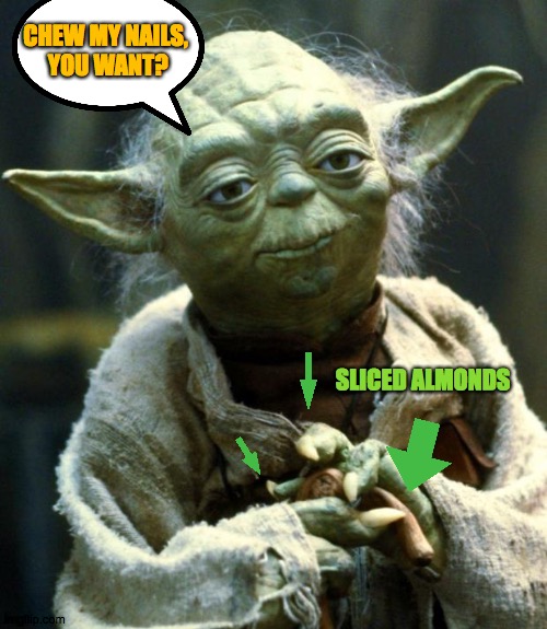 yoda yo(duh) | CHEW MY NAILS,
 YOU WANT? SLICED ALMONDS | image tagged in memes,star wars yoda,nail,manicure,want,green | made w/ Imgflip meme maker