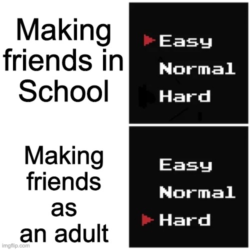 Do you just walk up to random people and ask them to be your friend for 20$? | Making friends in School; Making friends as an adult | image tagged in how do i make friends | made w/ Imgflip meme maker