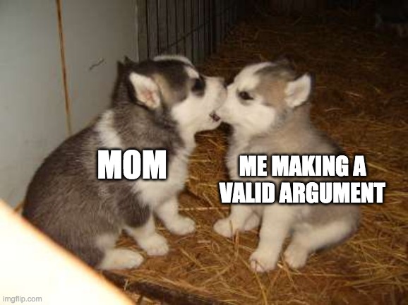 moms are anoying | MOM; ME MAKING A VALID ARGUMENT | image tagged in cute puppies,mom,invalid argument,cats | made w/ Imgflip meme maker