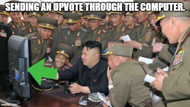 Kim Jung Un and the internet | SENDING AN UPVOTE THROUGH THE COMPUTER. | image tagged in kim jung un and the internet | made w/ Imgflip meme maker