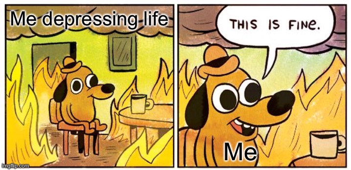 •—• | Me depressing life; Me | image tagged in memes,this is fine | made w/ Imgflip meme maker