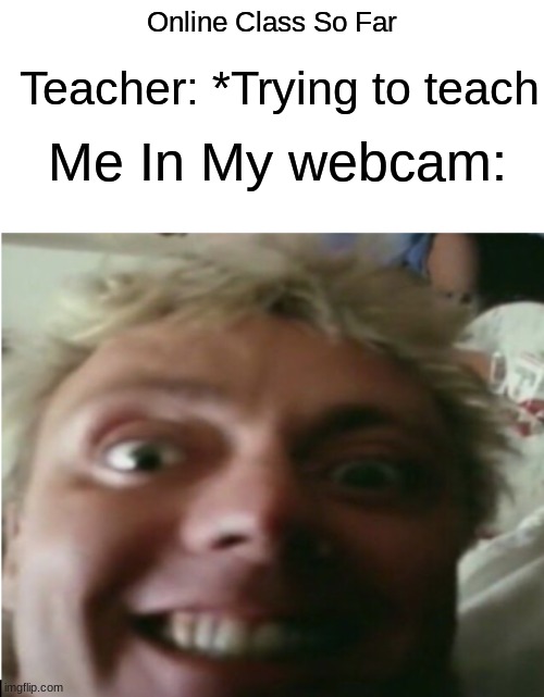 Just something I made to....maybe lighten up everyone's mood during school | Online Class So Far; Teacher: *Trying to teach; Me In My webcam: | image tagged in roger taylor up close,school,online,queen,relatable | made w/ Imgflip meme maker