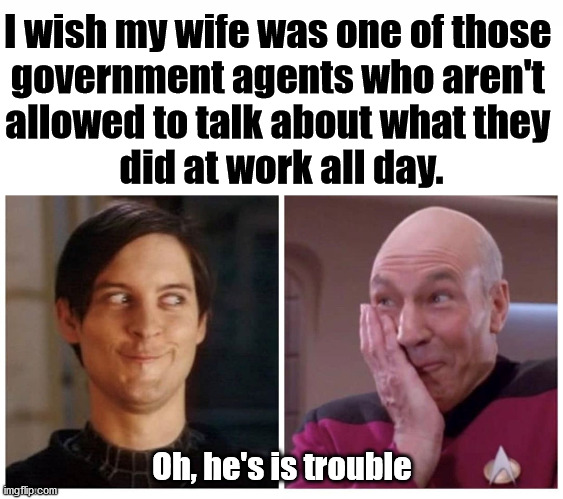 I am so naughty. | I wish my wife was one of those 
government agents who aren't 
allowed to talk about what they 
did at work all day. Oh, he's is trouble | image tagged in being naughty,big trouble,wife,marriage | made w/ Imgflip meme maker