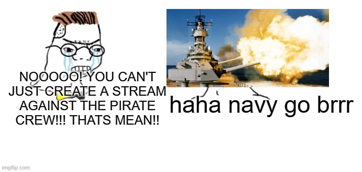 navy go brrr | haha navy go brrr; NOOOOO! YOU CAN'T JUST CREATE A STREAM AGAINST THE PIRATE CREW!!! THATS MEAN!! | image tagged in nooo haha go brrr | made w/ Imgflip meme maker