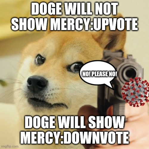 Doge holding a gun | DOGE WILL NOT SHOW MERCY:UPVOTE; NO! PLEASE NO! DOGE WILL SHOW MERCY:DOWNVOTE | image tagged in doge holding a gun | made w/ Imgflip meme maker