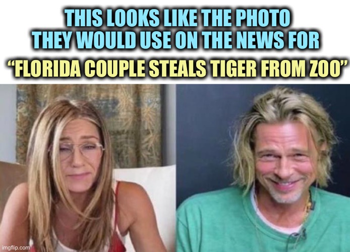 They do look rough | THIS LOOKS LIKE THE PHOTO THEY WOULD USE ON THE NEWS FOR; “FLORIDA COUPLE STEALS TIGER FROM ZOO” | image tagged in jen and brad,academy awards,florida,jennifer aniston,brad pitt,memes | made w/ Imgflip meme maker