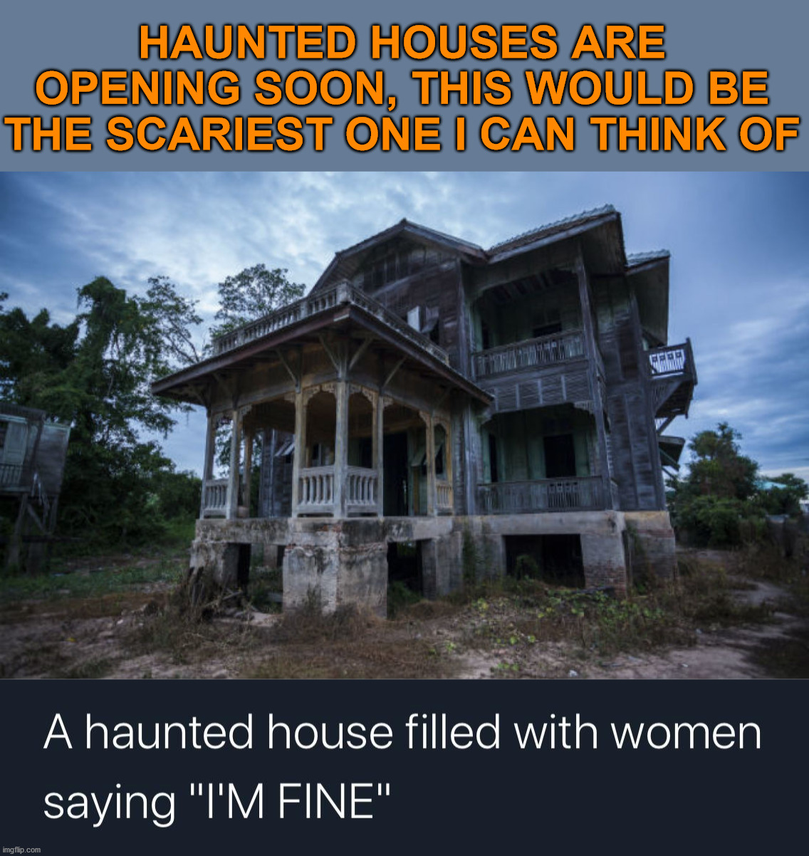 Makes me shake in my shoes to even think about it. | HAUNTED HOUSES ARE OPENING SOON, THIS WOULD BE THE SCARIEST ONE I CAN THINK OF | image tagged in haunted house,i'm fine,women,scary | made w/ Imgflip meme maker