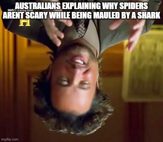 Ancient Aliens | AUSTRALIANS EXPLAINING WHY SPIDERS ARENT SCARY WHILE BEING MAULED BY A SHARK | image tagged in memes,ancient aliens | made w/ Imgflip meme maker