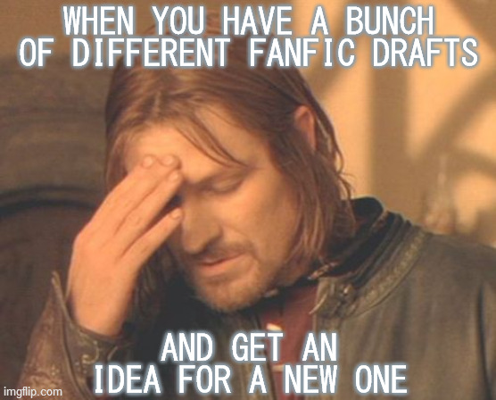 Frustrated Boromir | WHEN YOU HAVE A BUNCH OF DIFFERENT FANFIC DRAFTS; AND GET AN IDEA FOR A NEW ONE | image tagged in frustrated boromir,fanfiction,ideas,writer's block,priorities,decisions | made w/ Imgflip meme maker