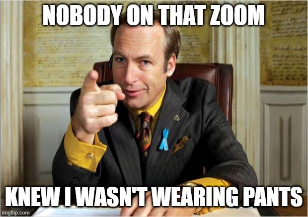 Better call saul | NOBODY ON THAT ZOOM; KNEW I WASN'T WEARING PANTS | image tagged in better call saul | made w/ Imgflip meme maker