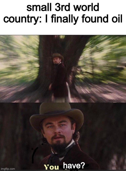 You will? Leonardo, django | small 3rd world country: I finally found oil; have? | image tagged in you will leonardo django,america,'murica,memes,leonardo dicaprio | made w/ Imgflip meme maker