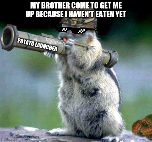 Bazooka Squirrel Meme | MY BROTHER COME TO GET ME UP BECAUSE I HAVEN'T EATEN YET; POTATO LAUNCHER | image tagged in memes,bazooka squirrel | made w/ Imgflip meme maker