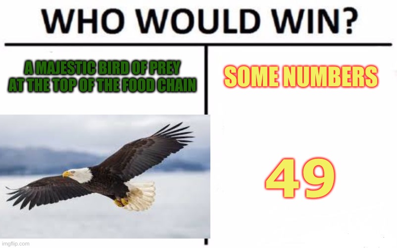 eagles vs 49ers | A MAJESTIC BIRD OF PREY AT THE TOP OF THE FOOD CHAIN; SOME NUMBERS; 49 | image tagged in memes,who would win | made w/ Imgflip meme maker