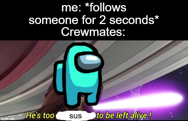 he's too sus to be left alive! | me: *follows someone for 2 seconds*; Crewmates: | image tagged in he's too sus to be left alive,sus,suspicious,funny,memes,among us | made w/ Imgflip meme maker