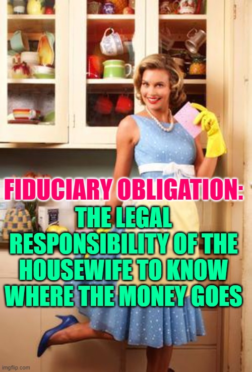 Fiduciary Obligation Housewife | THE LEGAL RESPONSIBILITY OF THE HOUSEWIFE TO KNOW WHERE THE MONEY GOES; FIDUCIARY OBLIGATION: | image tagged in happy house wife,housewife,money,marriage,life lessons,so true memes | made w/ Imgflip meme maker