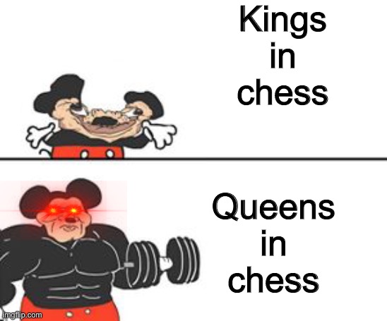 Kings in chess are trash! | Kings in chess; Queens in chess | image tagged in buff mokey,funny memes,memes,meme,hot memes,relatable | made w/ Imgflip meme maker