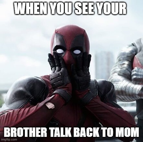 my brother is brave | WHEN YOU SEE YOUR; BROTHER TALK BACK TO MOM | image tagged in memes,deadpool surprised,family,funny,mom,brothers | made w/ Imgflip meme maker