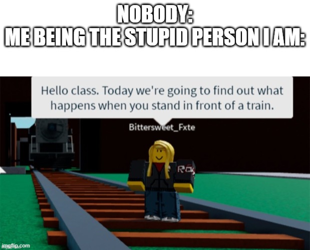 dumb roblox person | NOBODY:
ME BEING THE STUPID PERSON I AM: | image tagged in dumb roblox person | made w/ Imgflip meme maker