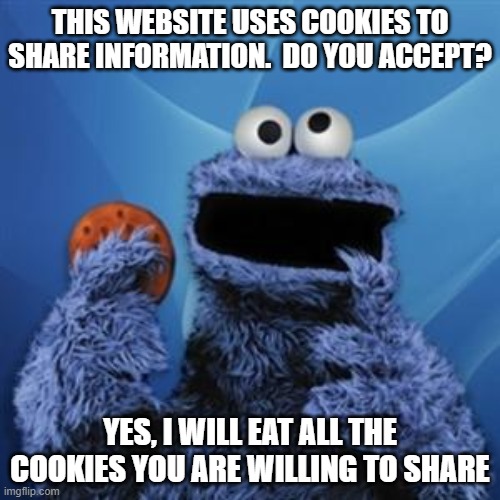 cookie monster | THIS WEBSITE USES COOKIES TO SHARE INFORMATION.  DO YOU ACCEPT? YES, I WILL EAT ALL THE COOKIES YOU ARE WILLING TO SHARE | image tagged in cookie monster | made w/ Imgflip meme maker